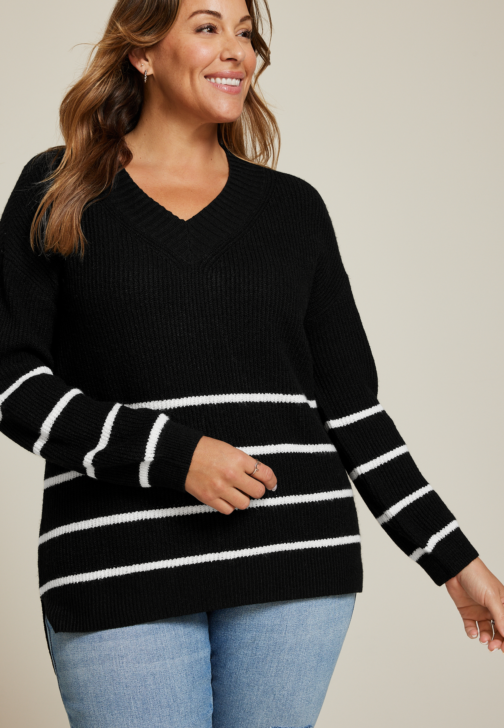 Plus Size Striped Slouchy V Neck Sweater, C1756, large