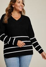 Plus Size Striped Slouchy V Neck Sweater, C1756, small