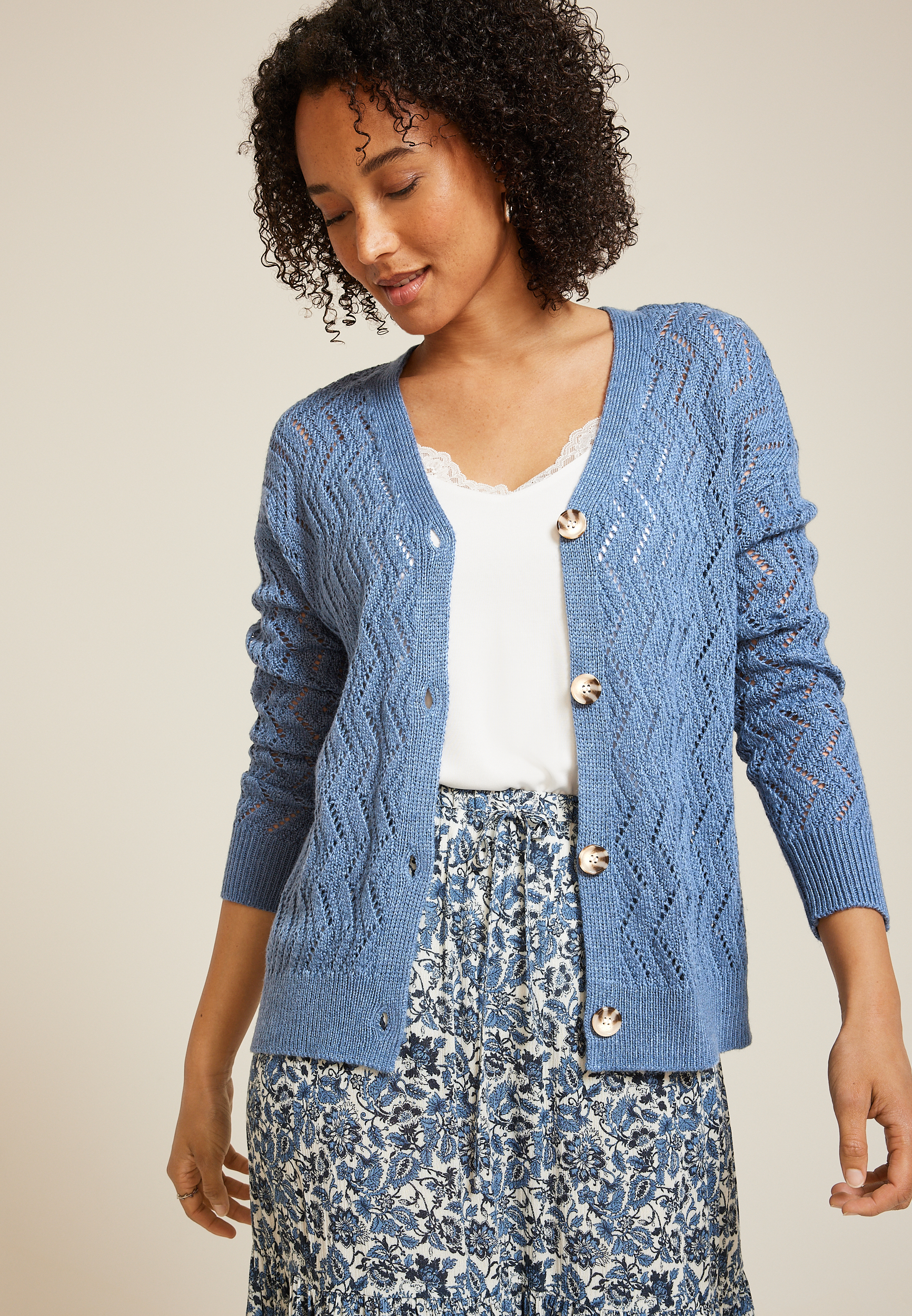 Zig Zag Pointelle Button Front Cardigan