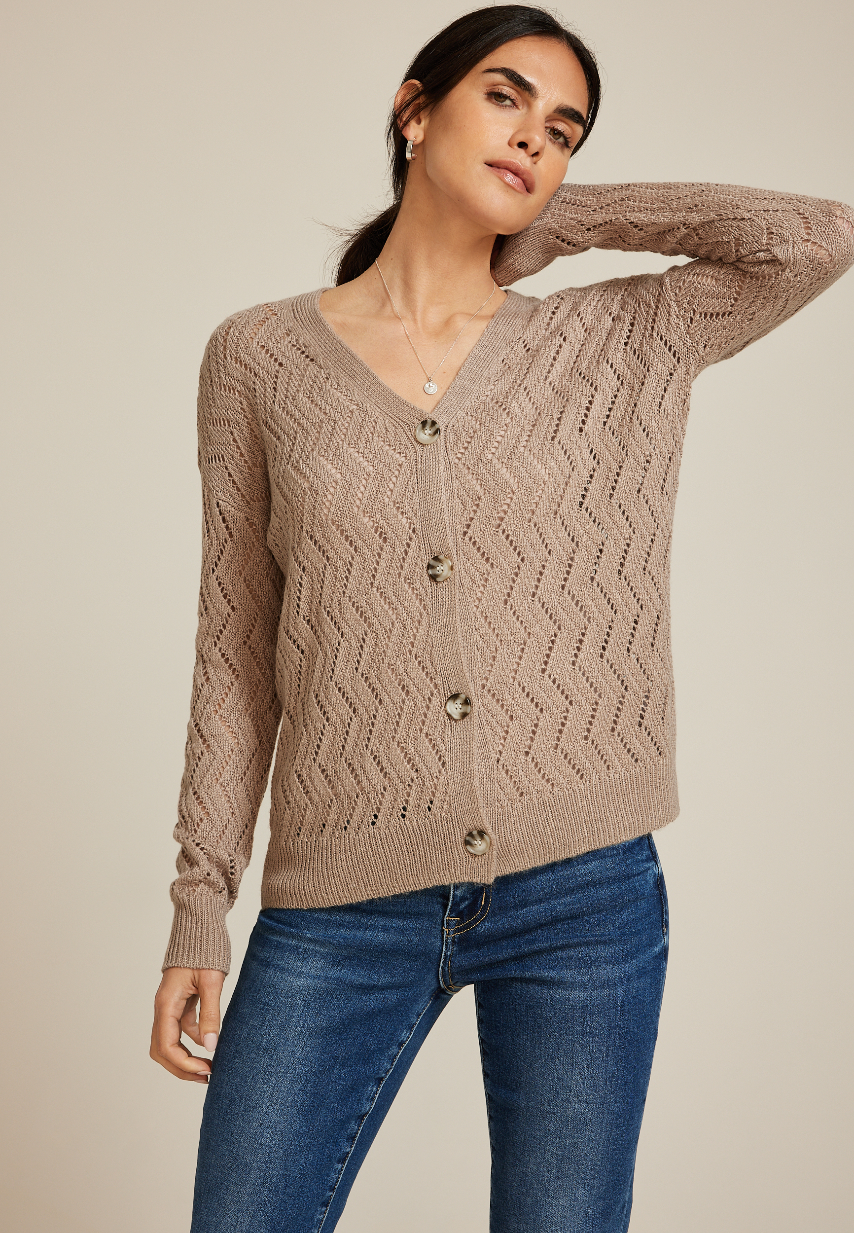 Zig Zag Pointelle Button Front Cardigan