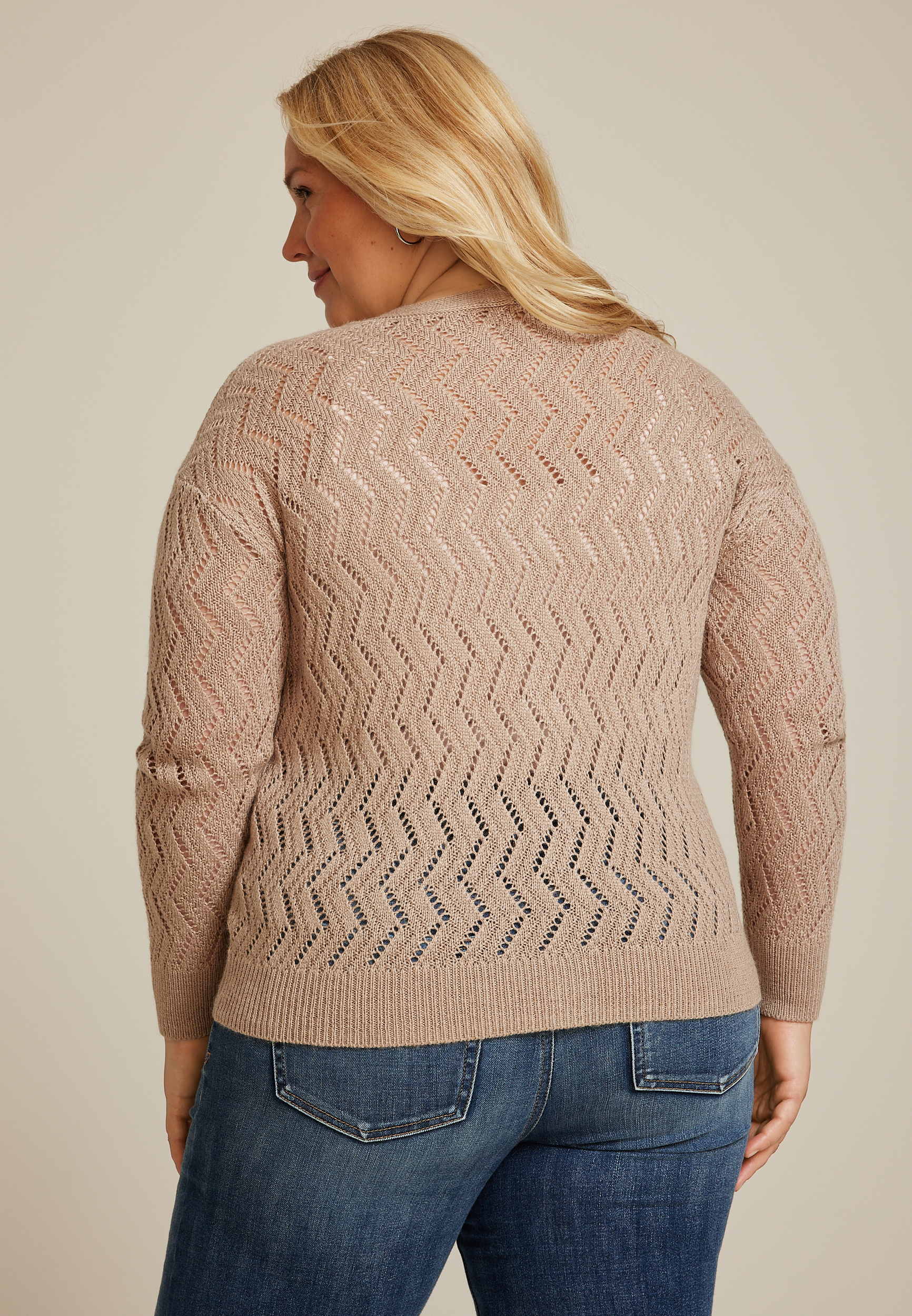 Plus Size Zig Zag Pointelle Button Front Cardigan, C496, large