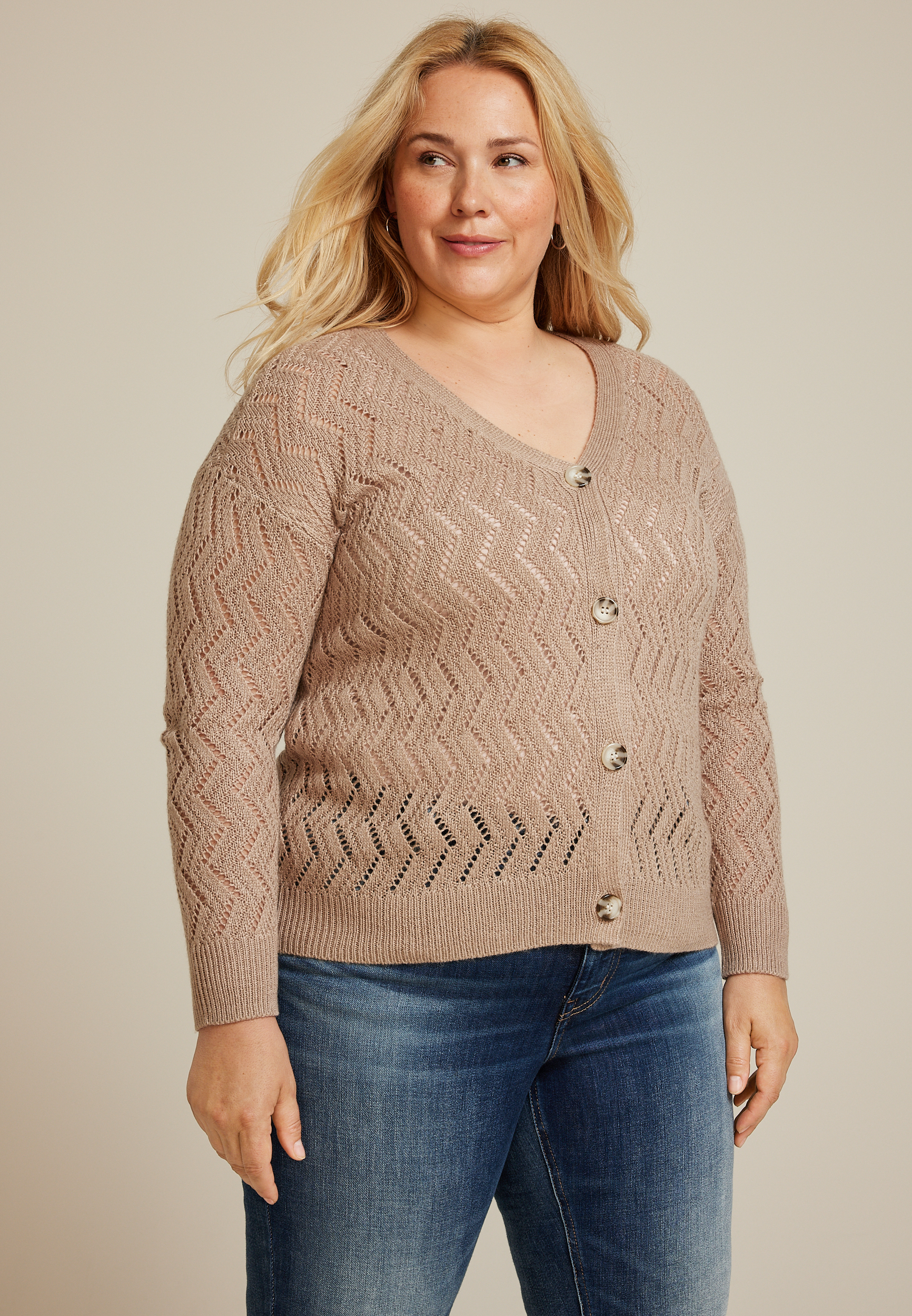 Plus Size Zig Zag Pointelle Button Front Cardigan, C496, large