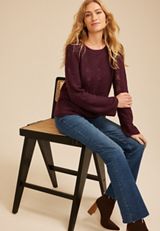 Wave Stitch Bell Sleeve Sweater, FIG, small