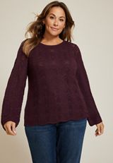 Plus Size Wave Stitch Bell Sleeve Sweater, FIG, small