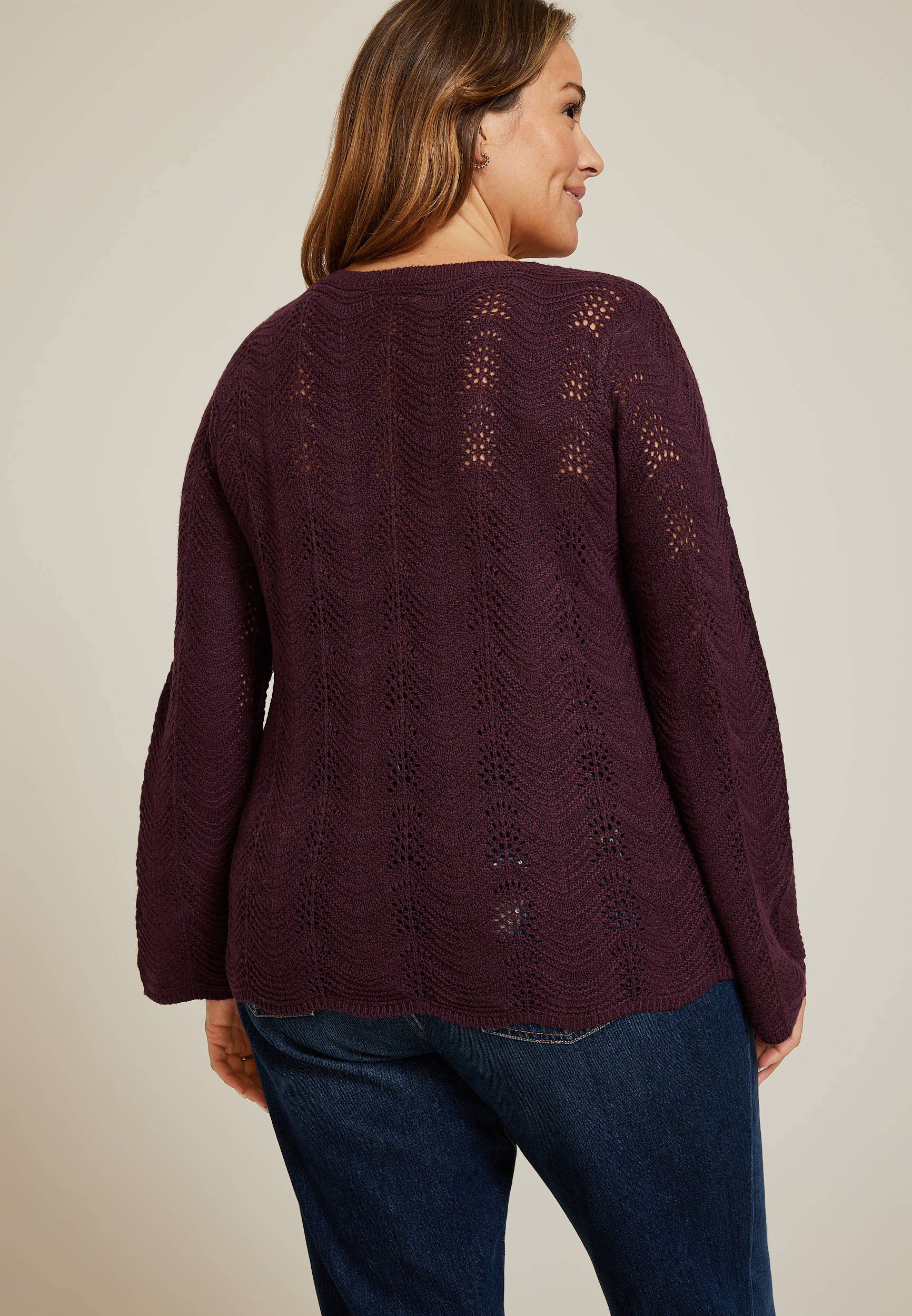 Plus Size Wave Stitch Bell Sleeve Sweater, FIG, large