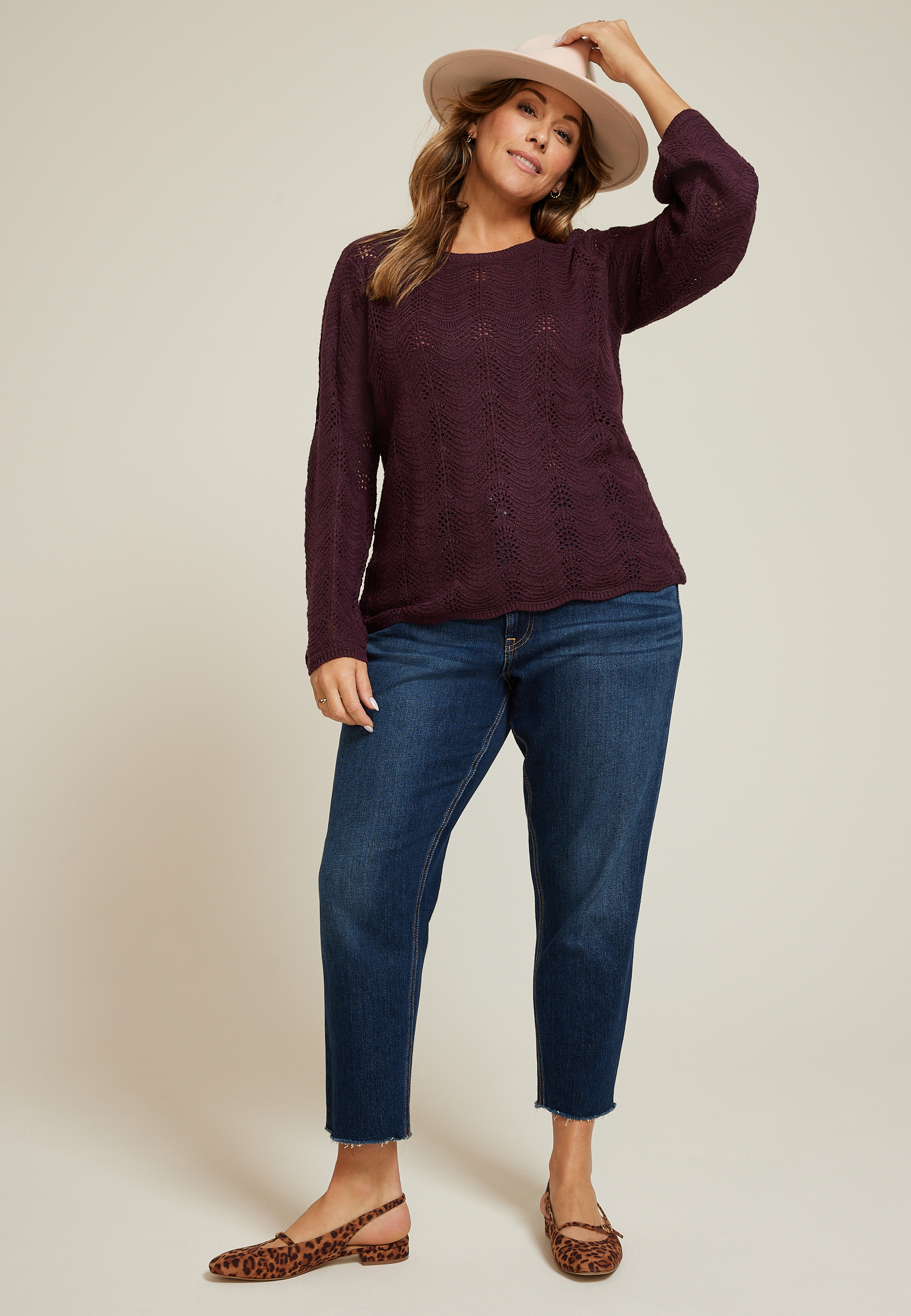 Plus Size Wave Stitch Bell Sleeve Sweater, FIG, large
