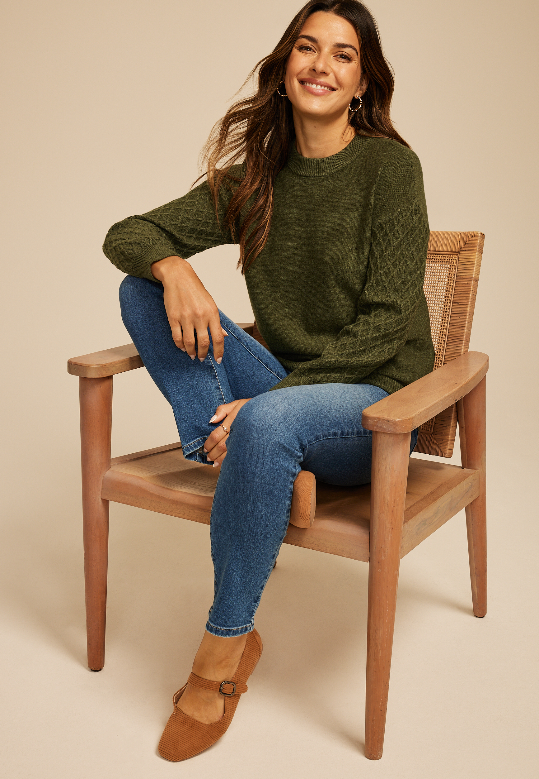 Honeycomb Sleeve Crew Neck Sweater