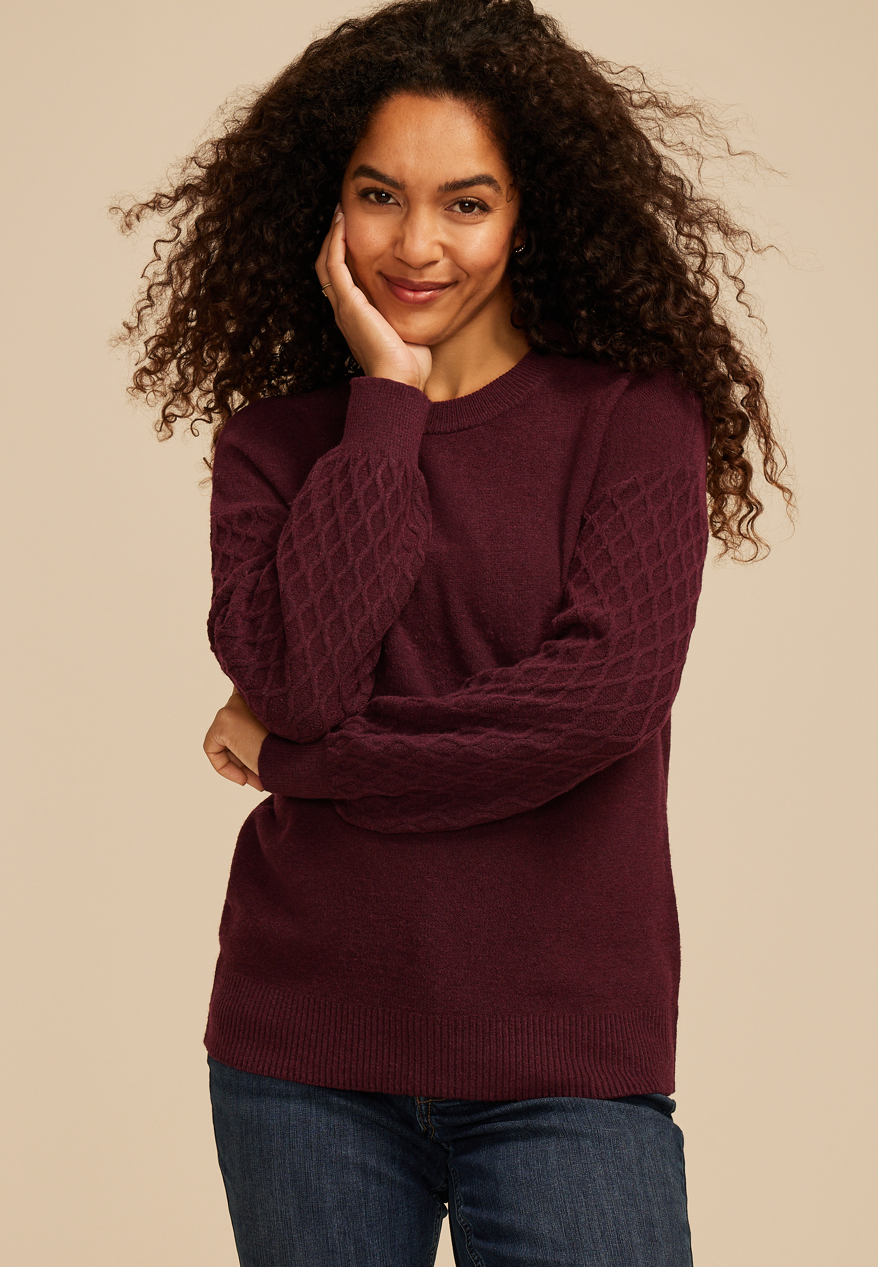 Honeycomb Sleeve Crew Neck Sweater