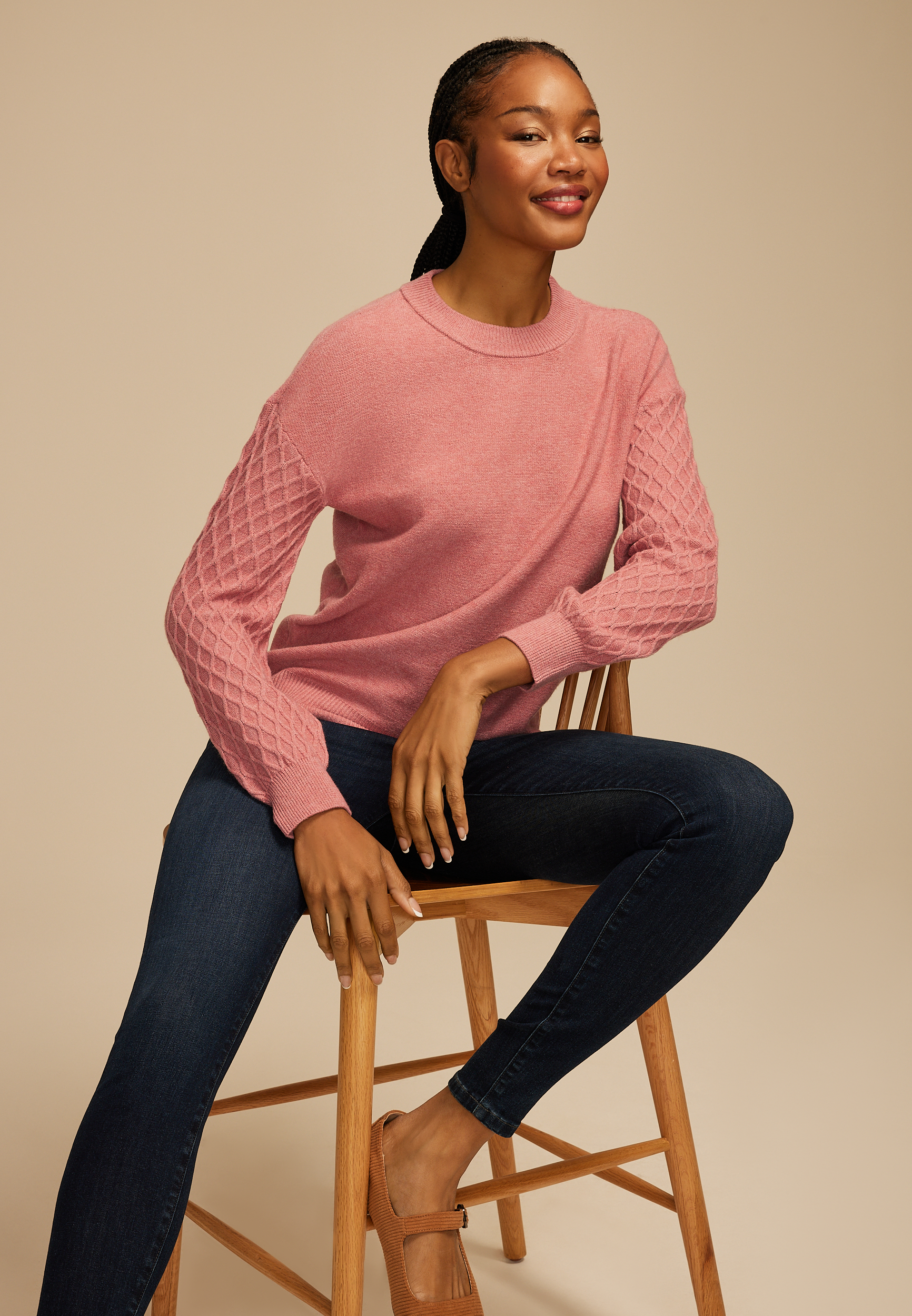 Honeycomb Sleeve Crew Neck Sweater, C6624, large