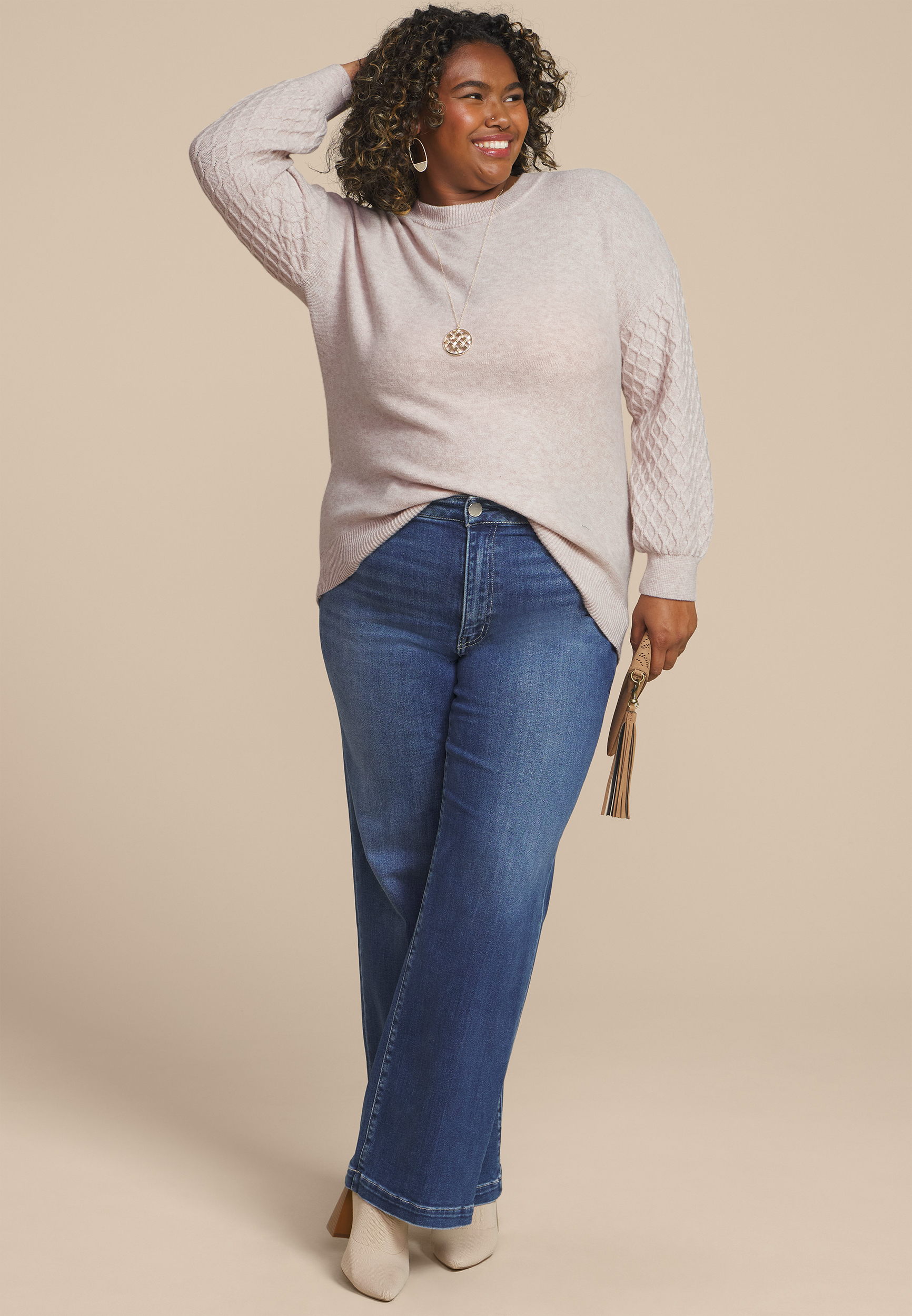 Plus Size Honeycomb Sleeve Crew Neck Sweater, C2445, large