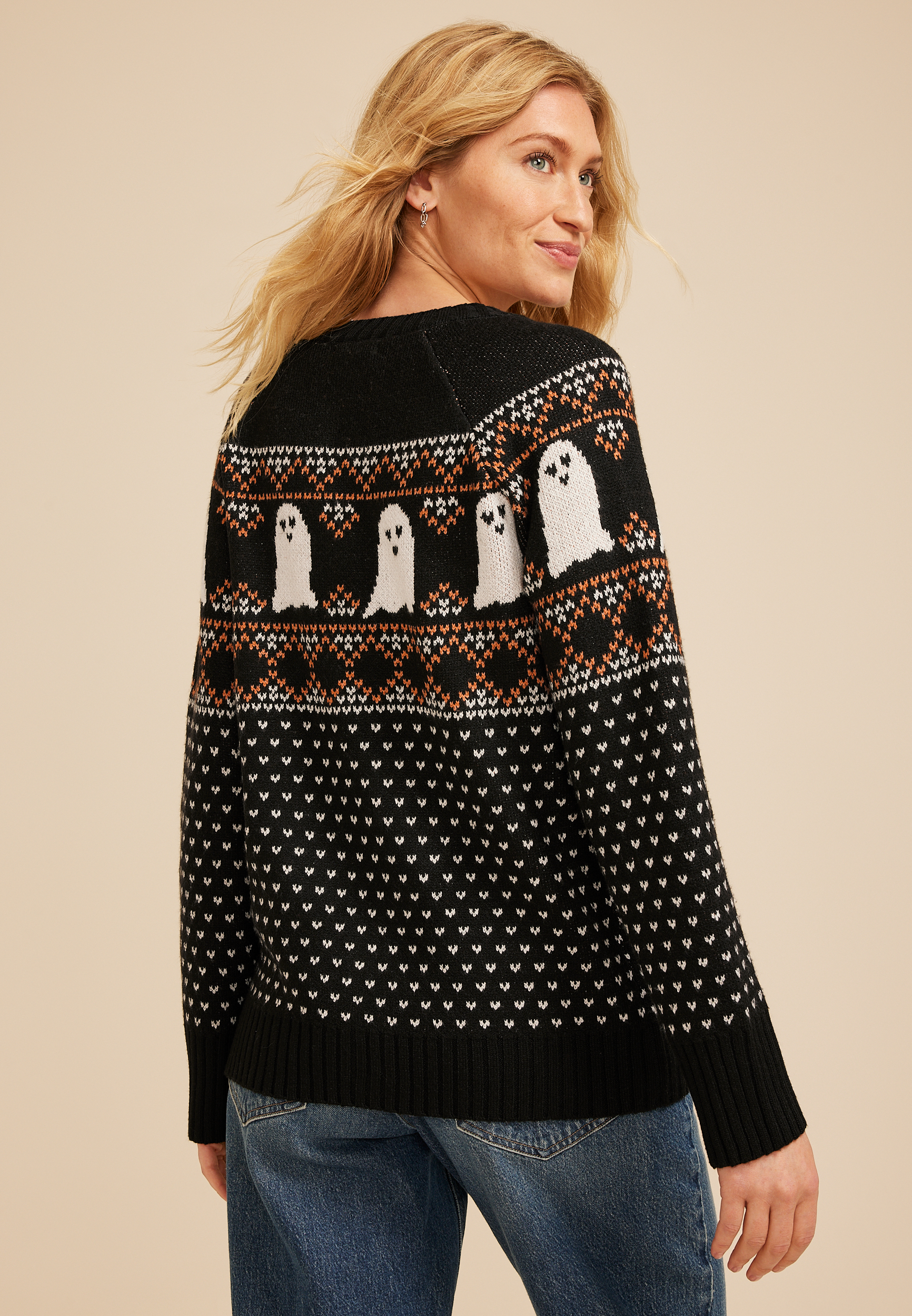 Halloween Ghost Button Front Fair Isle Cardigan, , large