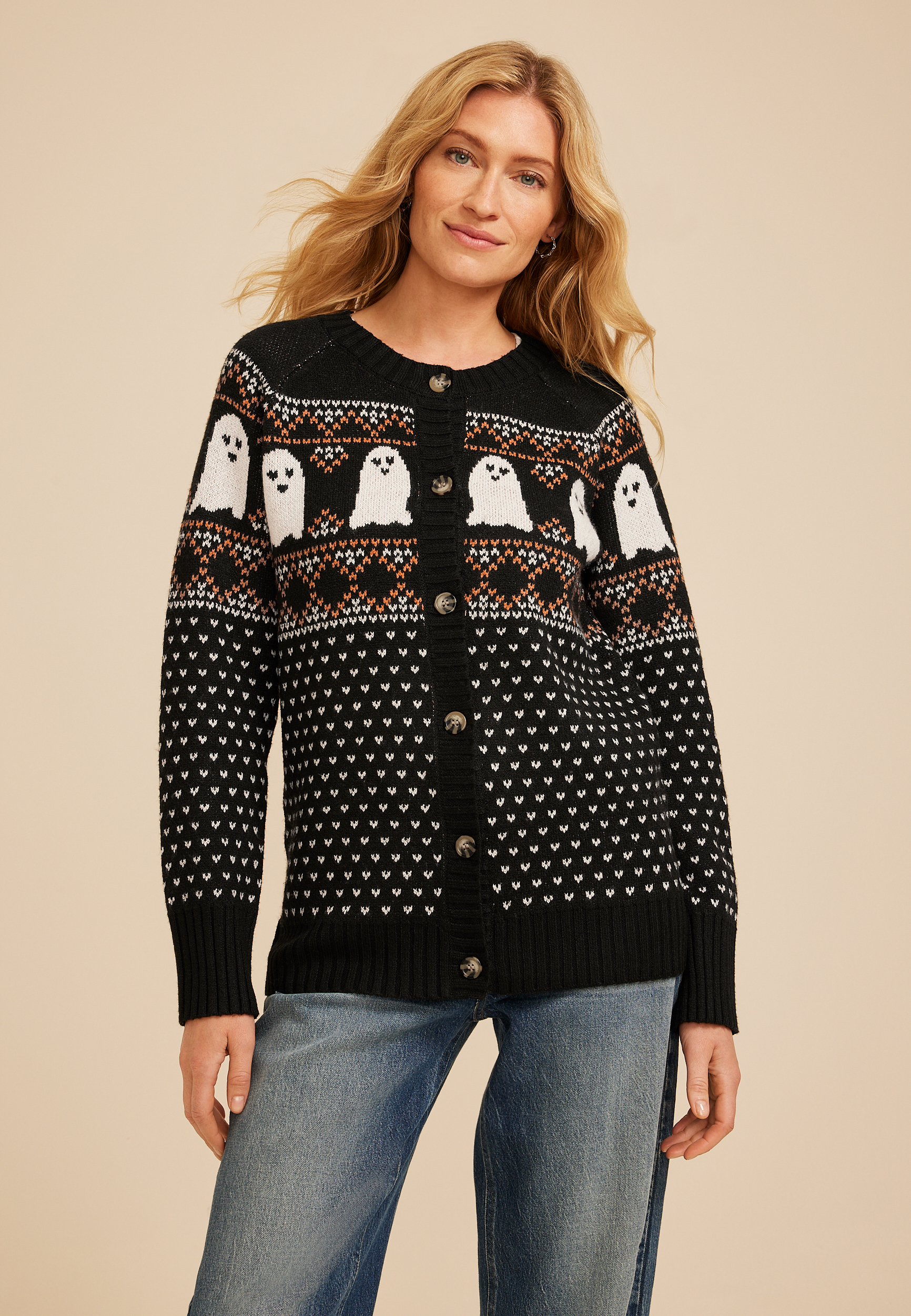 Halloween Ghost Button Front Fair Isle Cardigan, , large