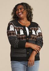 Plus Size Halloween Ghost Button Front Fair Isle Cardigan, , small