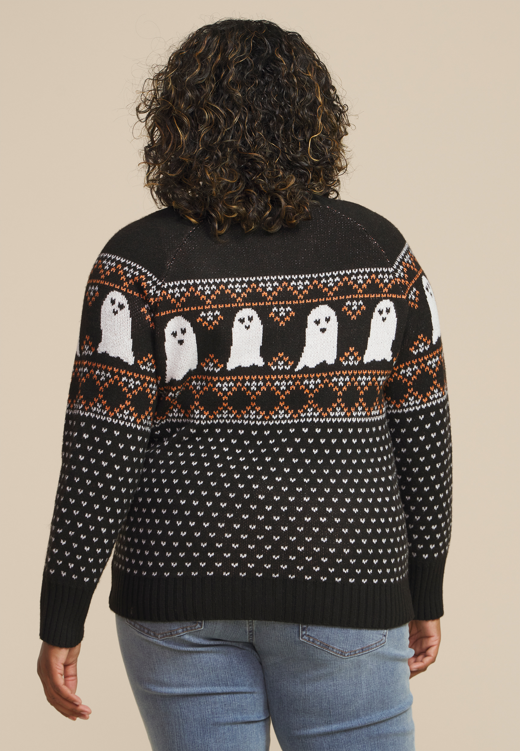 Plus Size Halloween Ghost Button Front Fair Isle Cardigan, , large