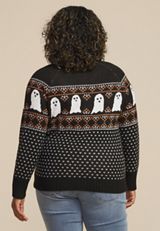 Plus Size Halloween Ghost Button Front Fair Isle Cardigan, , small