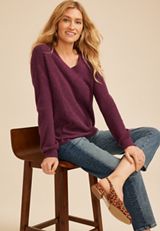 Slouchy V Neck Ribbed Sweater, C2108, small
