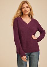 Slouchy V Neck Ribbed Sweater, C2108, small