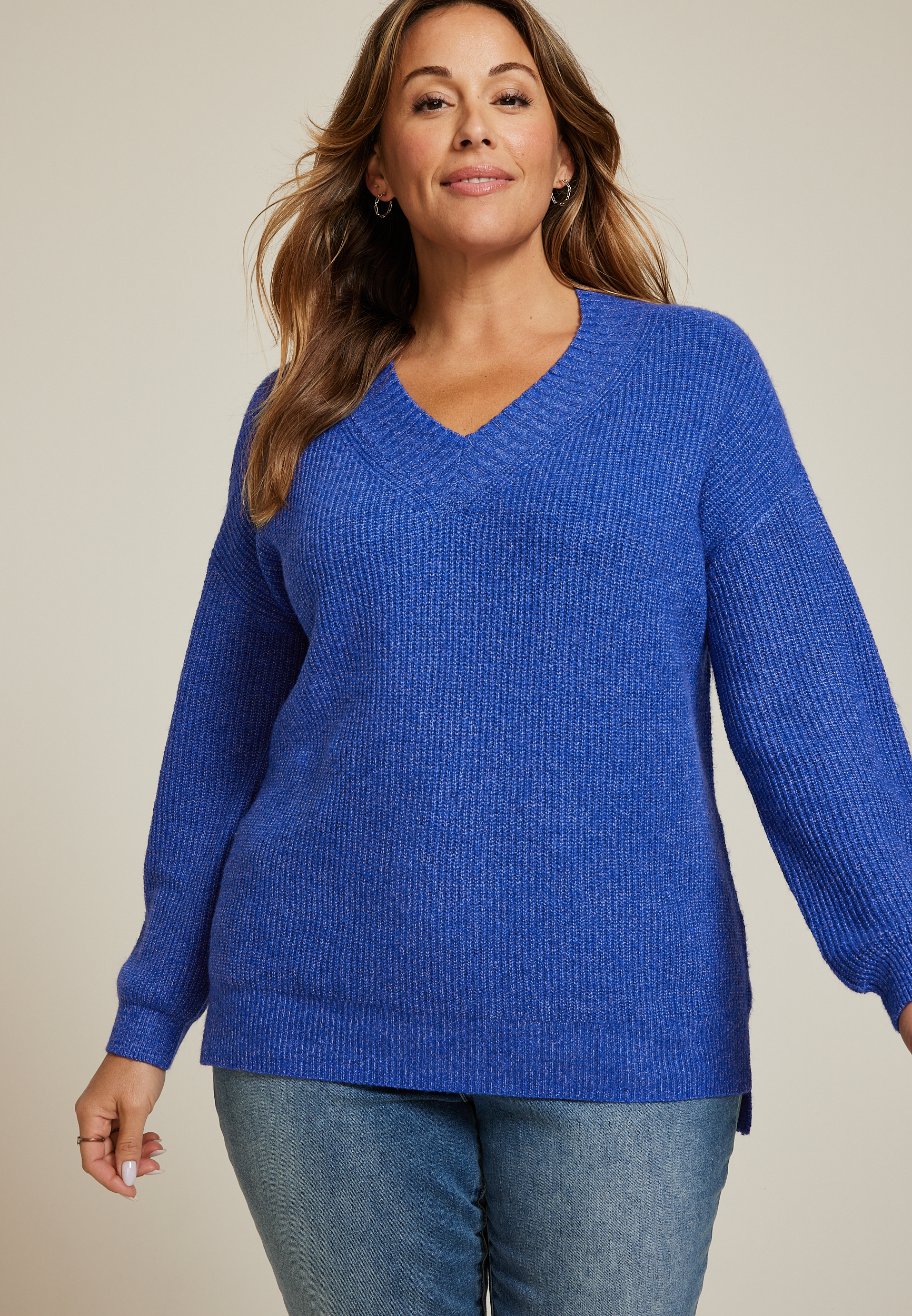 Plus Size Slouchy V Neck Ribbed Sweater