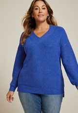 Plus Size Slouchy V Neck Ribbed Sweater, C3914, small