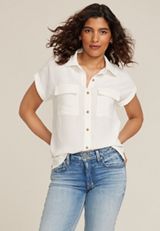 Short Sleeve Button Down Blouse, SOFT WHITE, small