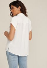 Short Sleeve Button Down Blouse, SOFT WHITE, small