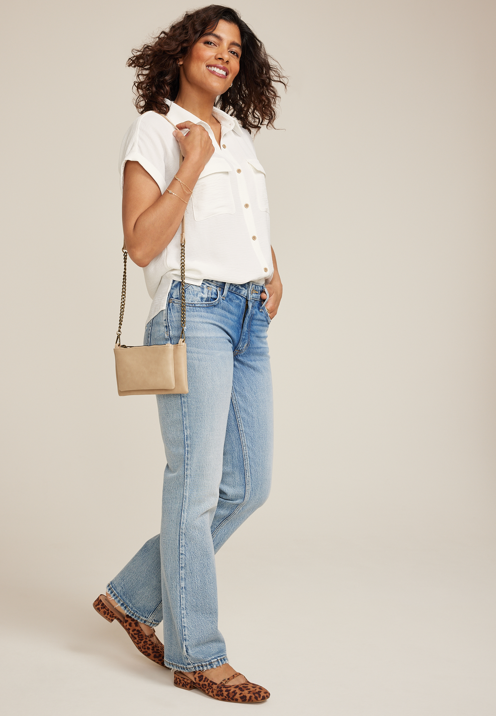 Short Sleeve Button Down Blouse, SOFT WHITE, large