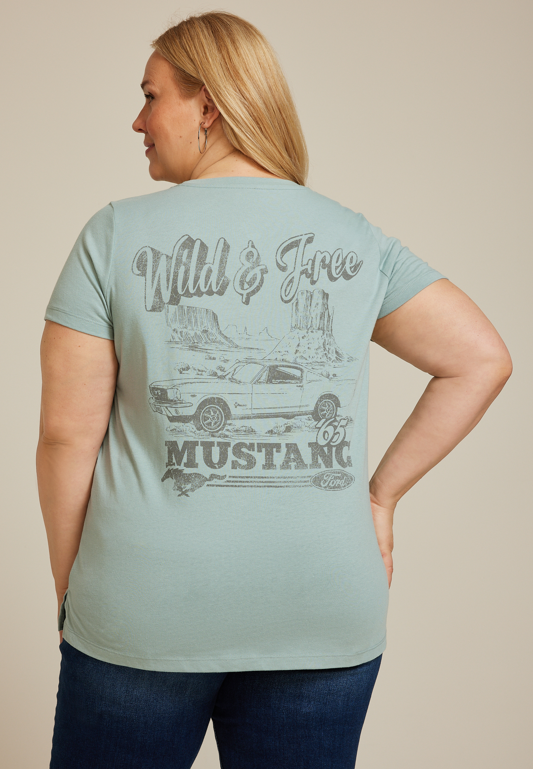 Plus Size Mustang Wild and Free Classic Fit Graphic Tee, SAGE FOG, large