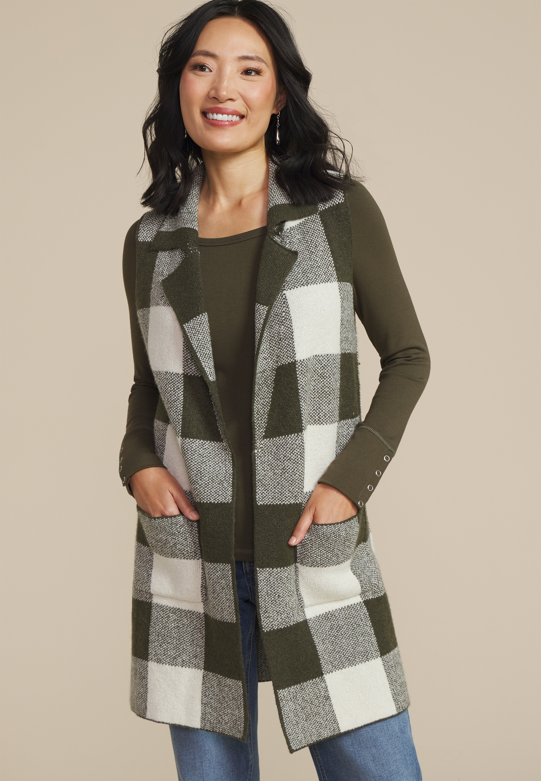 Checkered Collared Open Front Vest
