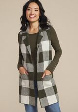 Checkered Collared Open Front Vest, C9162, small