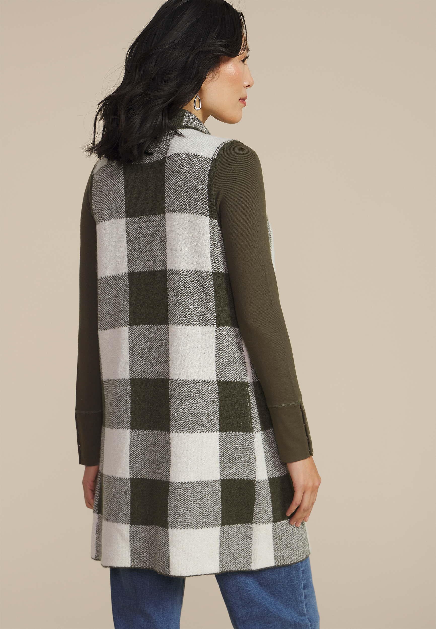 Checkered Collared Open Front Vest, C9162, large