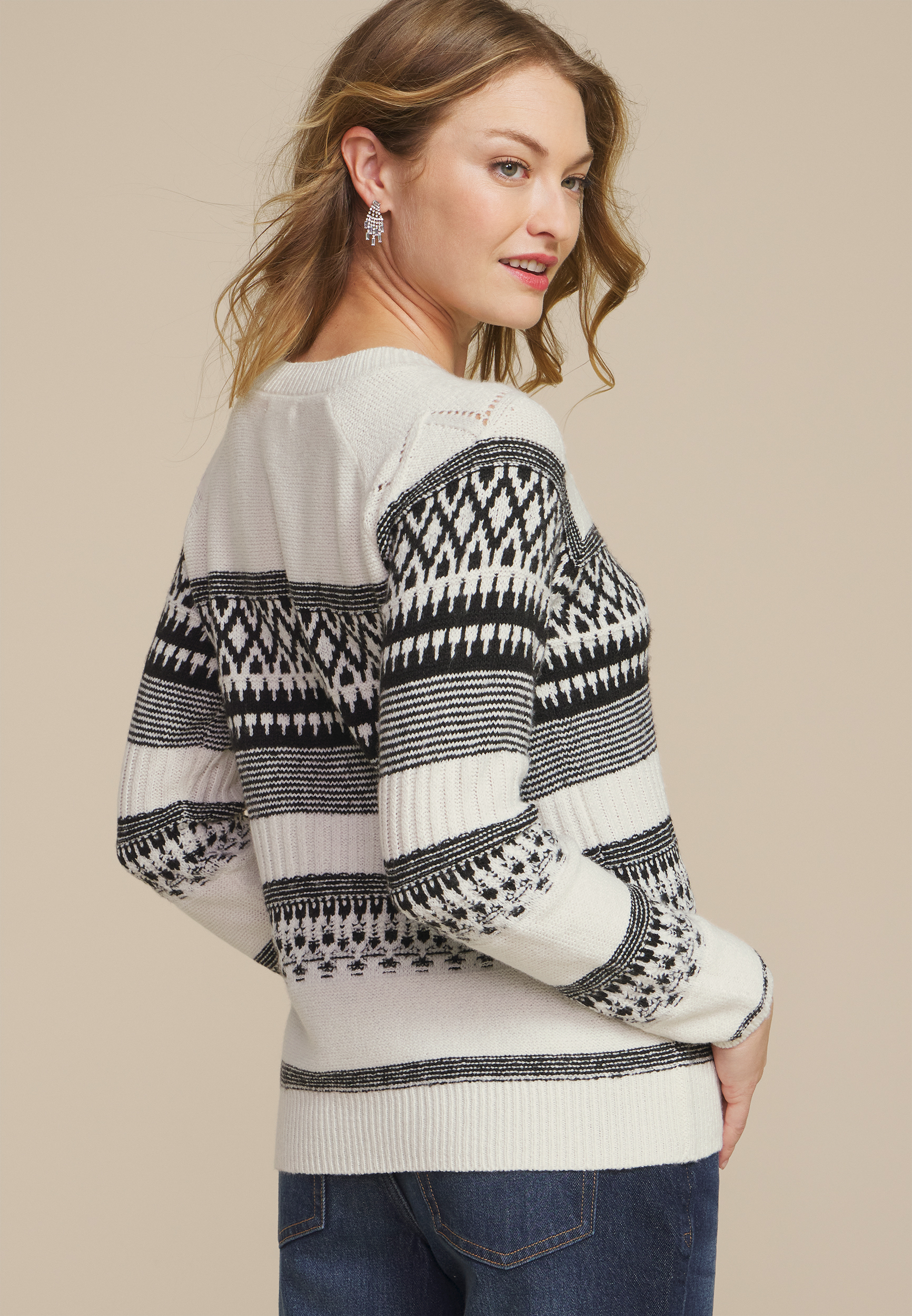 Fair Isle Crew Neck Sweater, SOFT WHITE COMBO, large