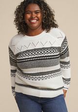 Plus Size Fair Isle Crew Neck Sweater, SOFT WHITE COMBO, small