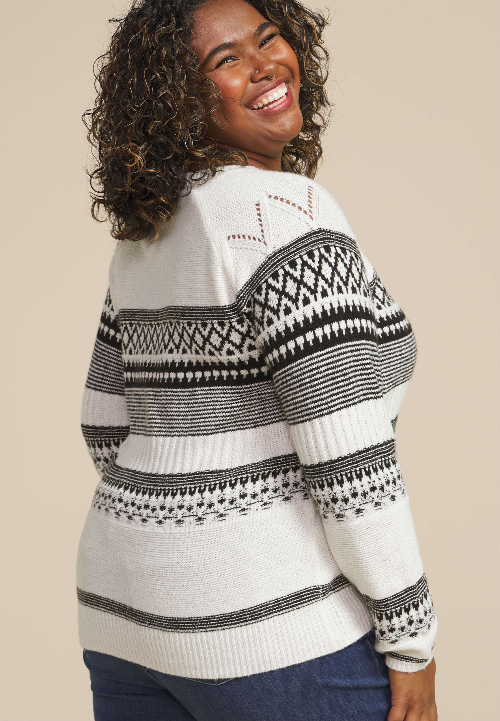 Plus Size Fair Isle Crew Neck Sweater, SOFT WHITE COMBO, large