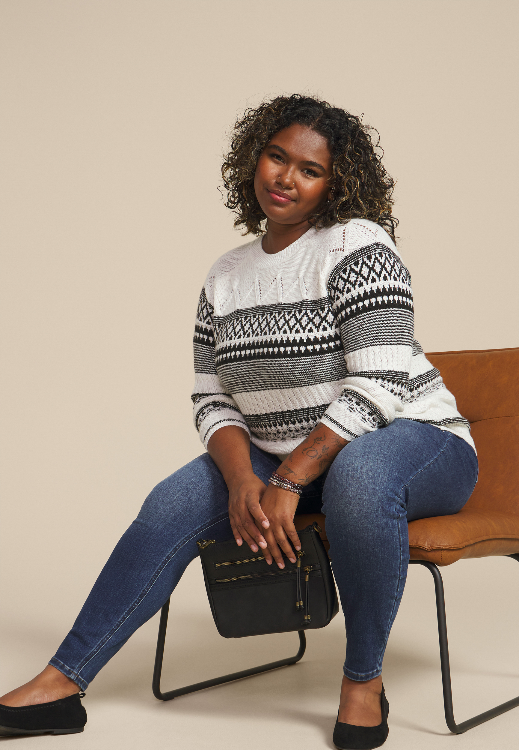 Plus Size Fair Isle Crew Neck Sweater, SOFT WHITE COMBO, large