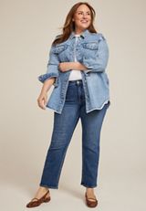 Plus Size Raw Hem Denim Shacket, C3337, small
