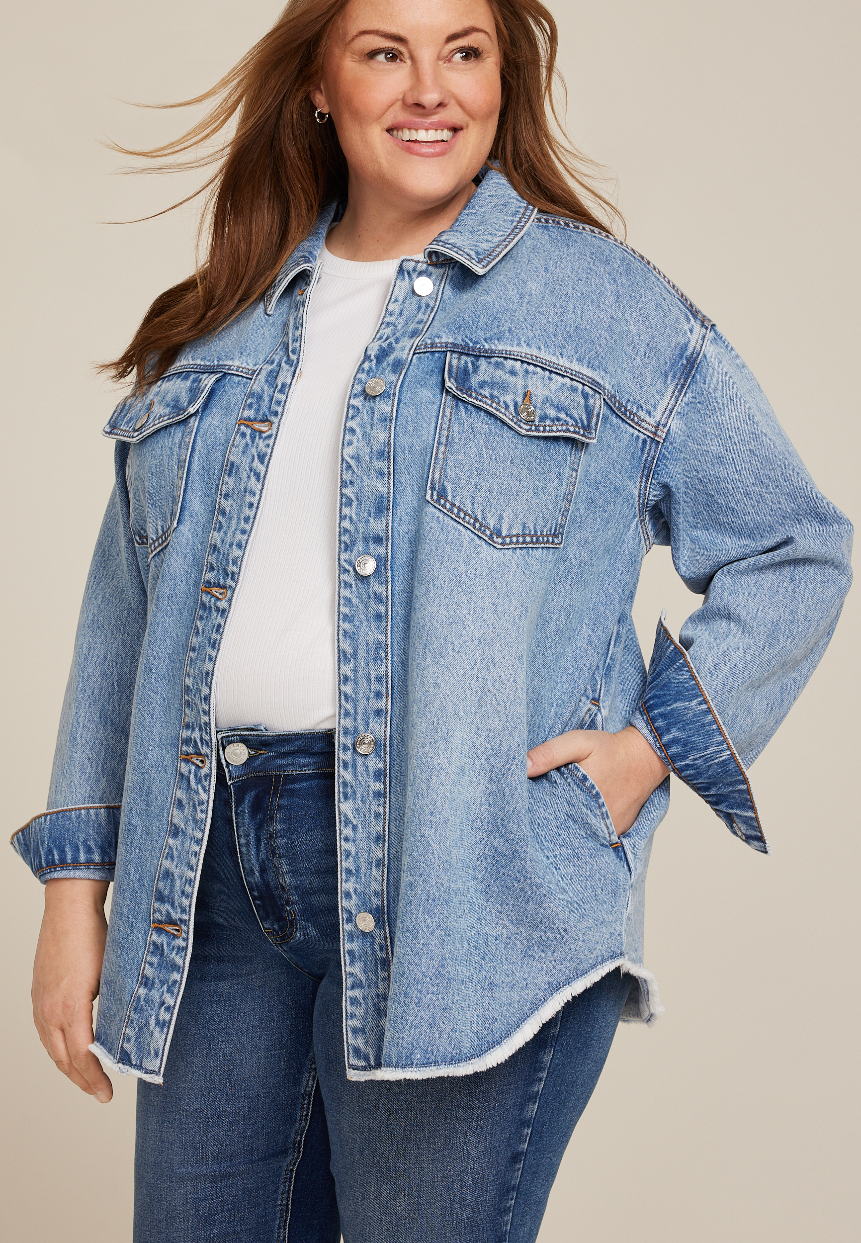 Plus Size Raw Hem Denim Shacket, C3337, large
