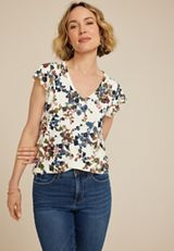 Floral Flutter Sleeve V Neck Tee, , small
