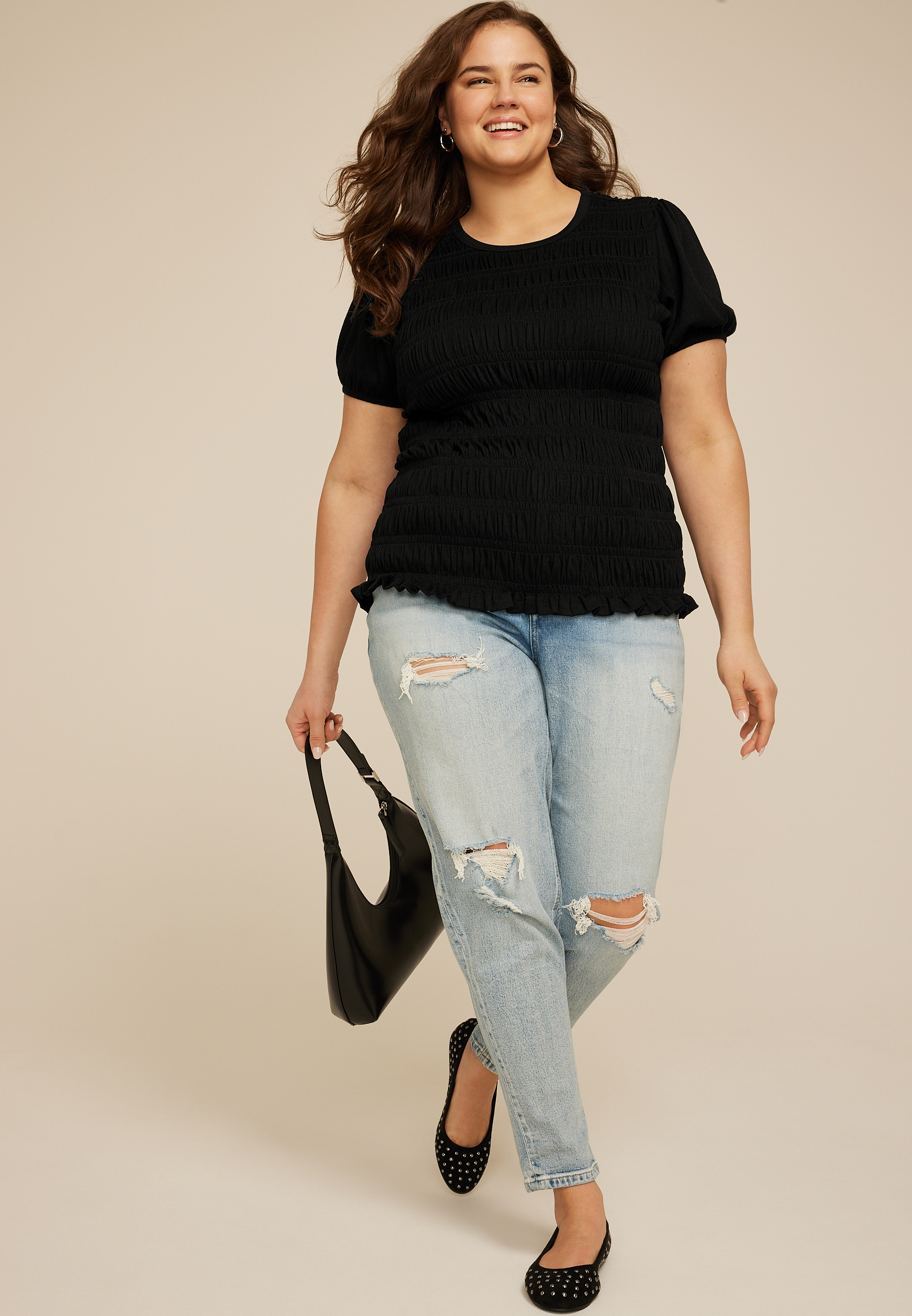 Plus Size Smocked Short Sleeve Tee