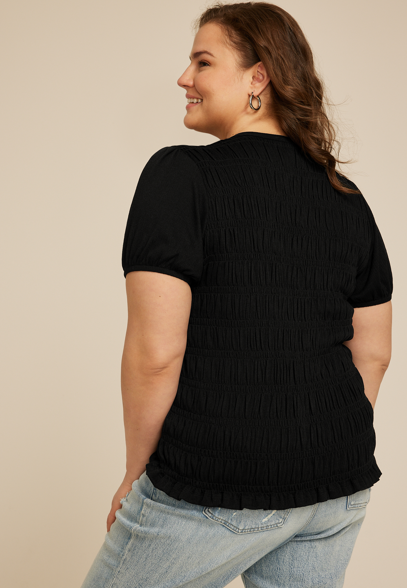 Plus Size Smocked Short Sleeve Tee, C106, large