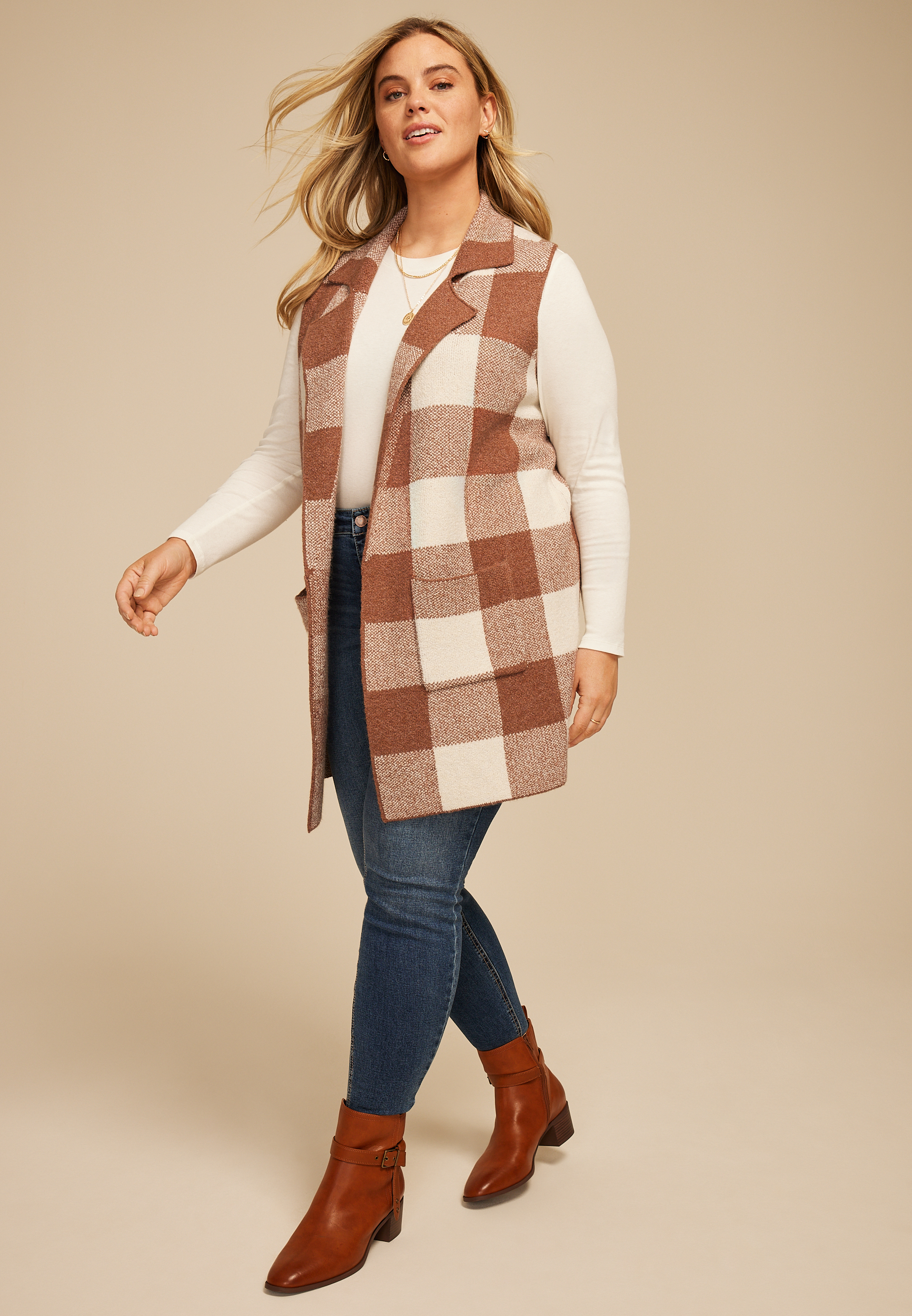 Plus Size Checkered Collared Open Front Vest