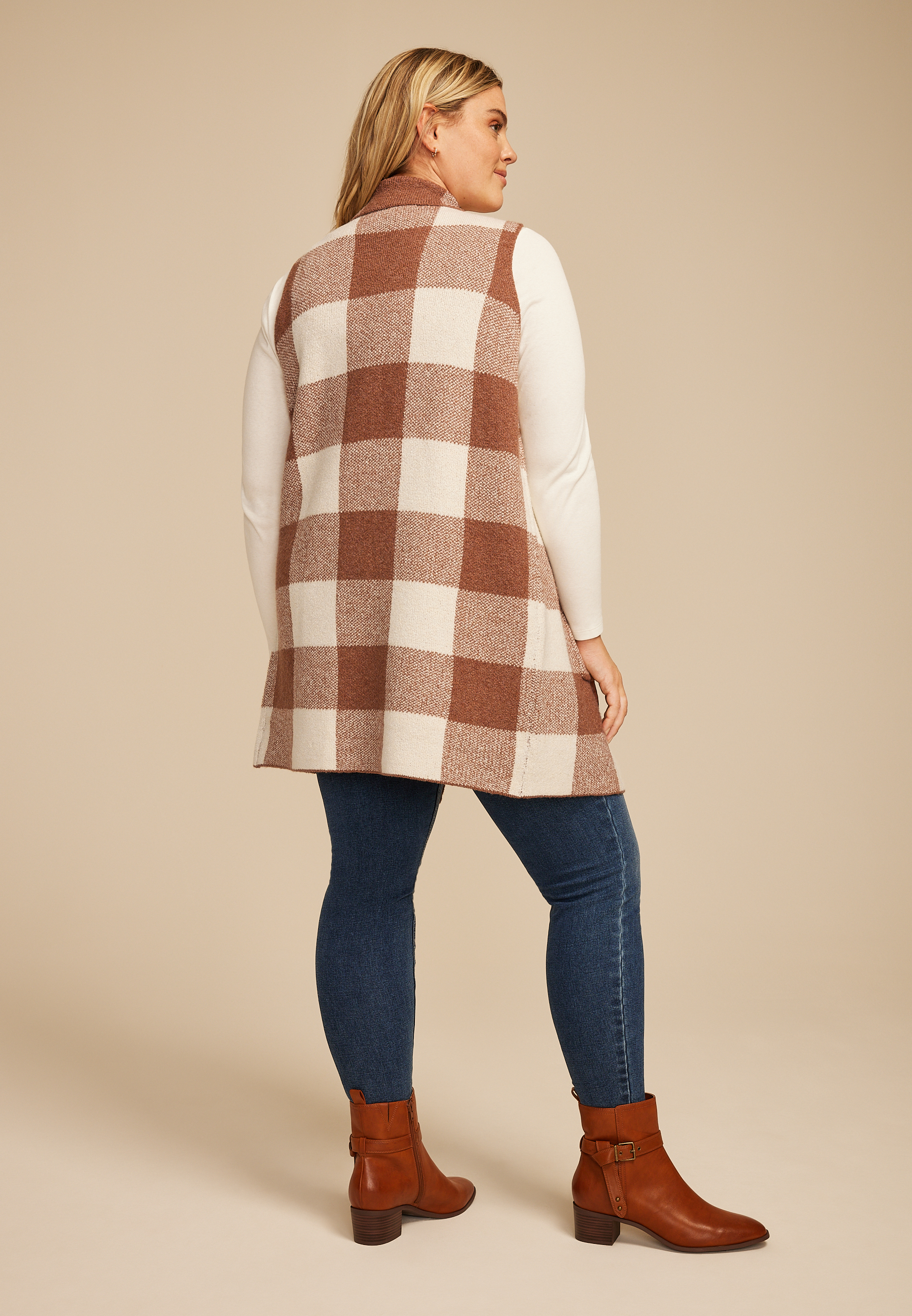 Plus Size Checkered Collared Open Front Vest, C8590, large