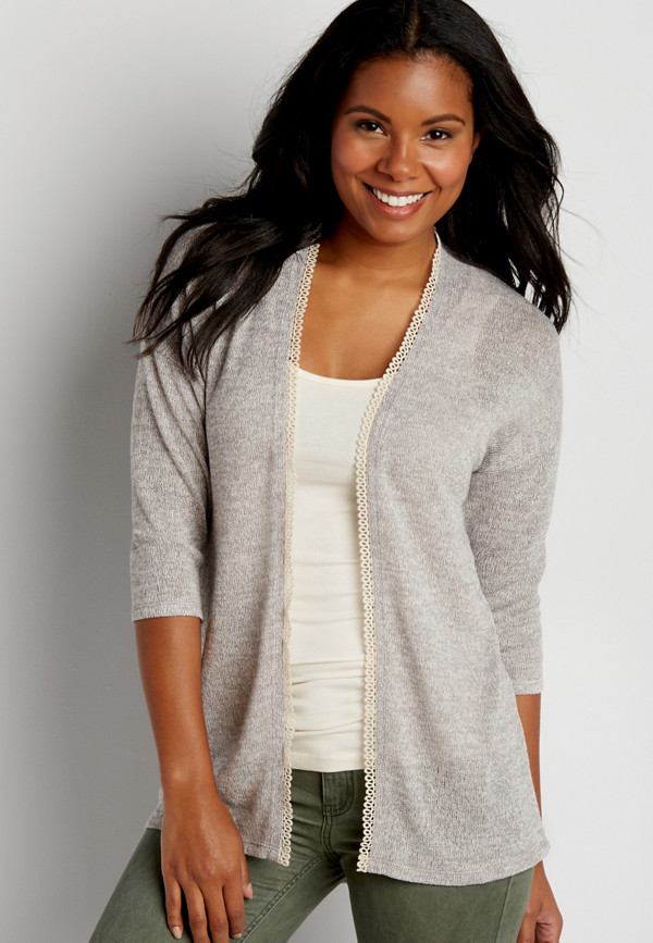 lightweight dolman cardigan with crocheted trim and back strip in gray ...