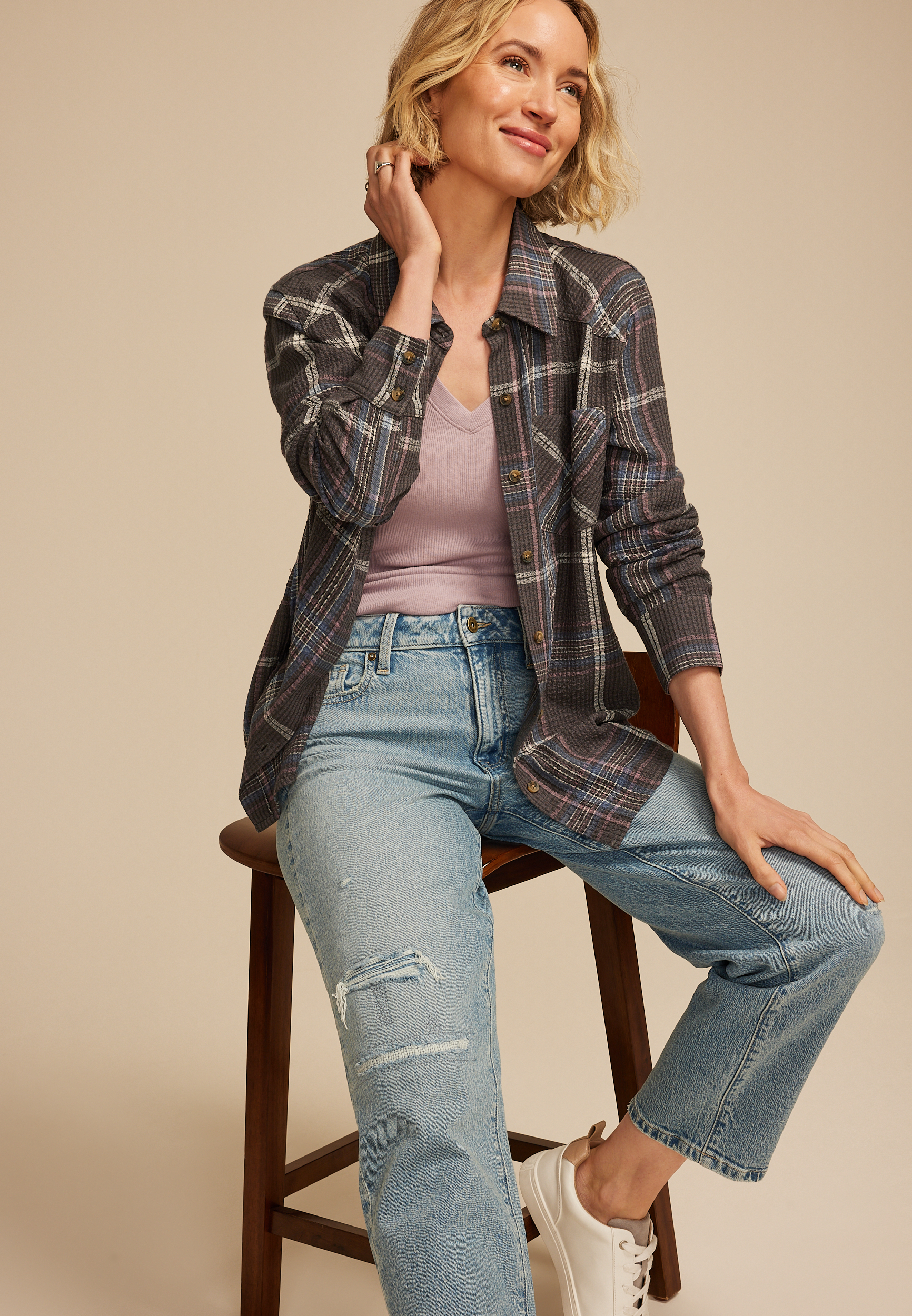 Pucker Plaid Button Down Shirt, C1755, large