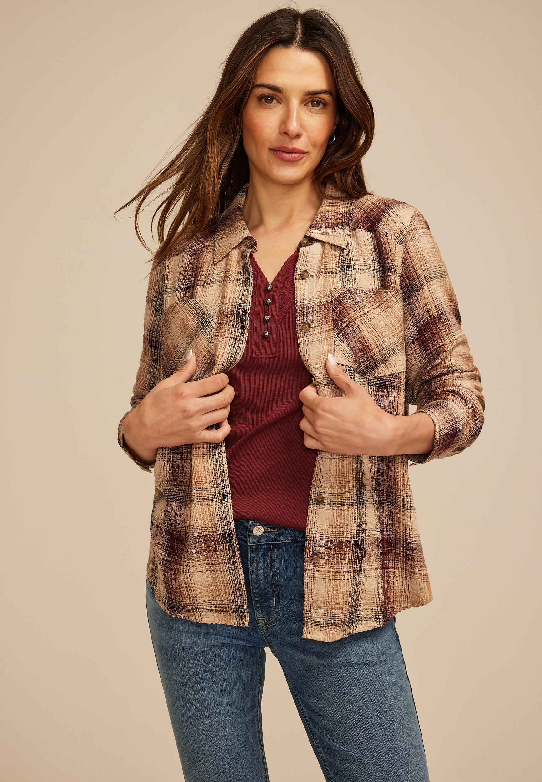 Pucker Plaid Button Down Shirt