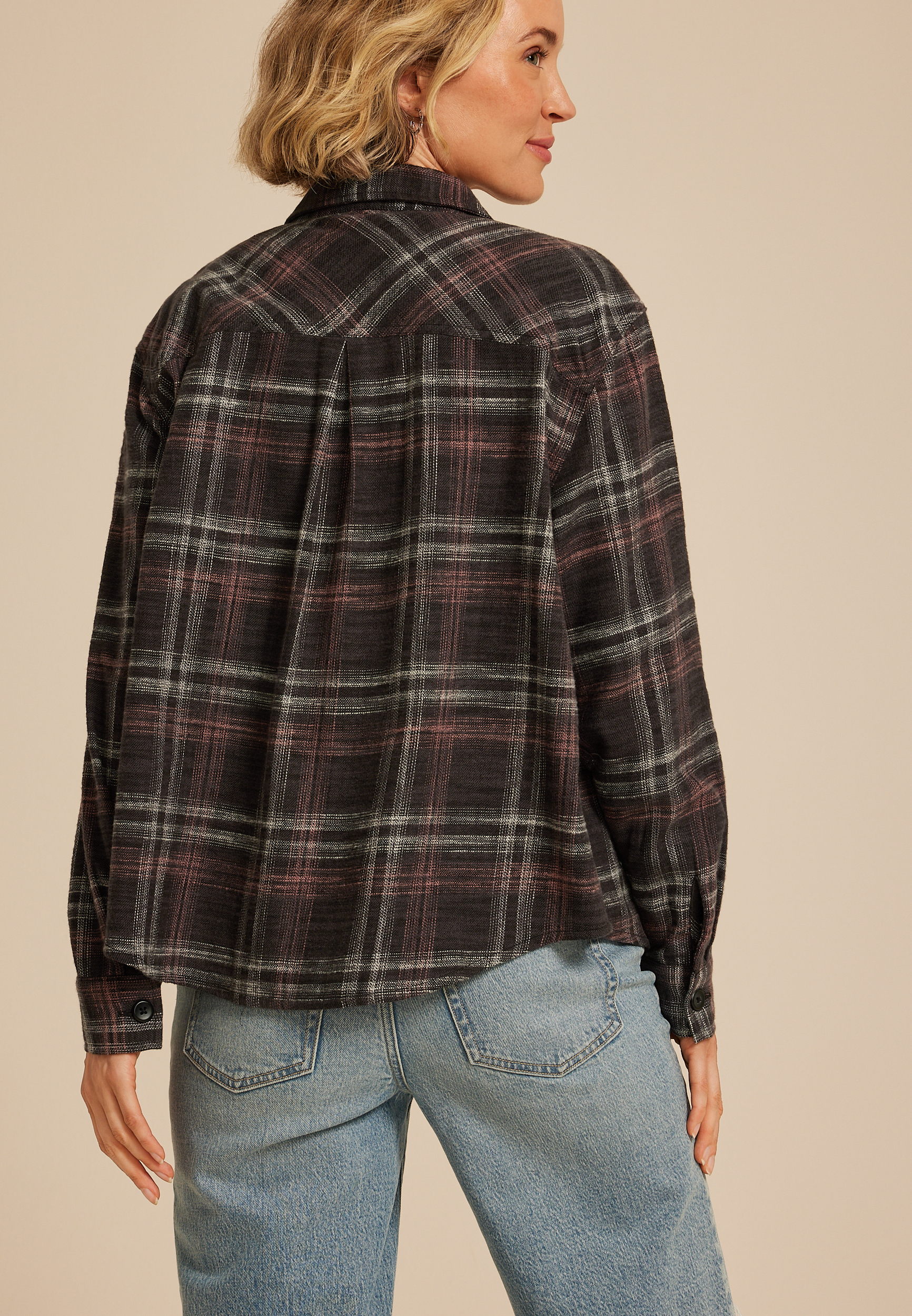 Shorty Utility Plaid Button Down Shirt, BLACK COMBO, large
