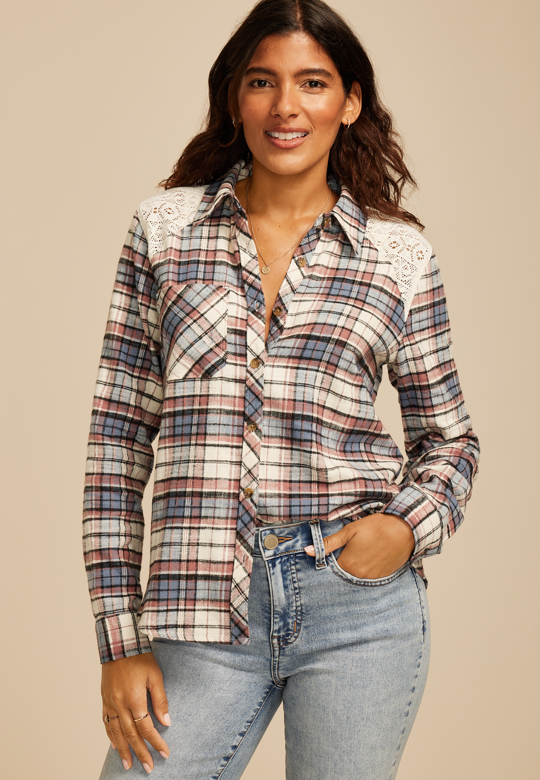 Plaid Lace Shoulder Button Down Shirt