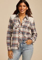 Plaid Lace Shoulder Button Down Shirt, C954, small