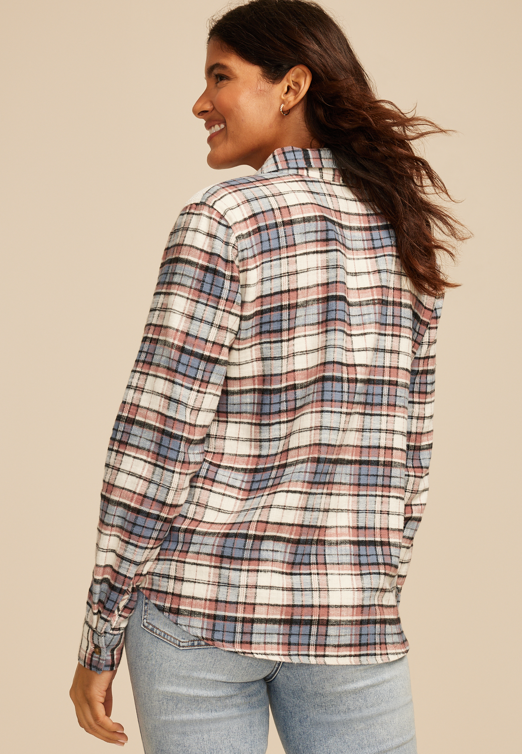 Plaid Lace Shoulder Button Down Shirt, C954, large