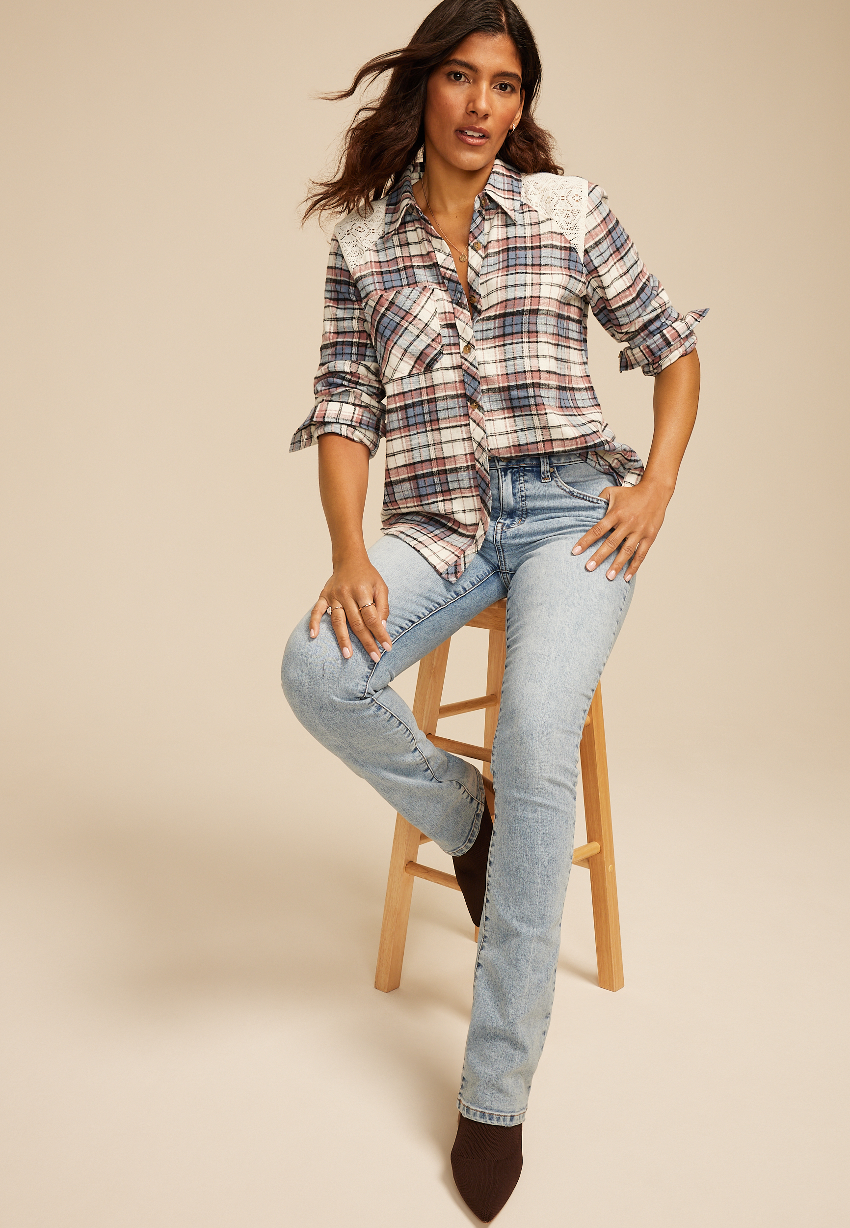 Plaid Lace Shoulder Button Down Shirt, C954, large