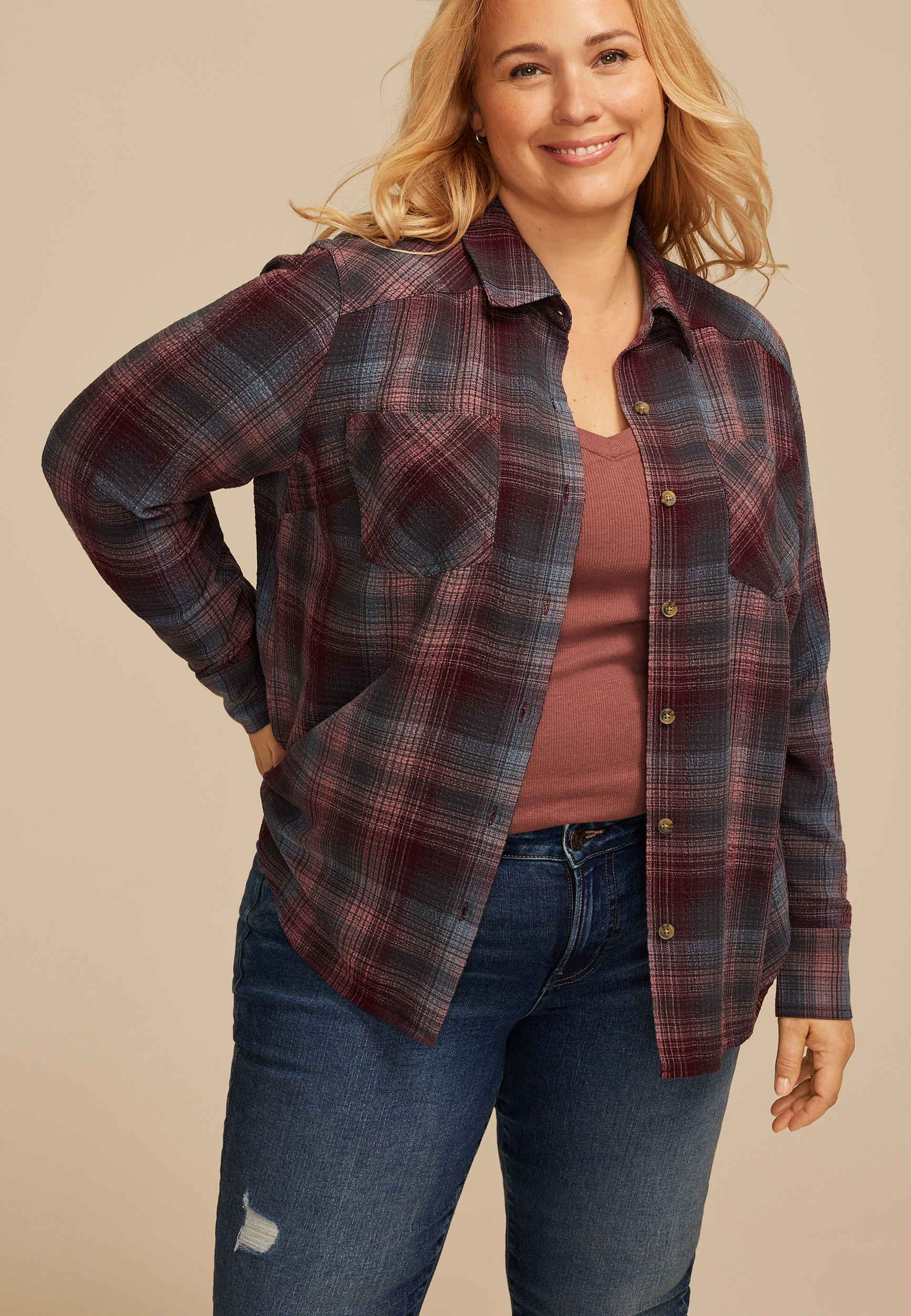 Plus Size Pucker Plaid Button Down Shirt